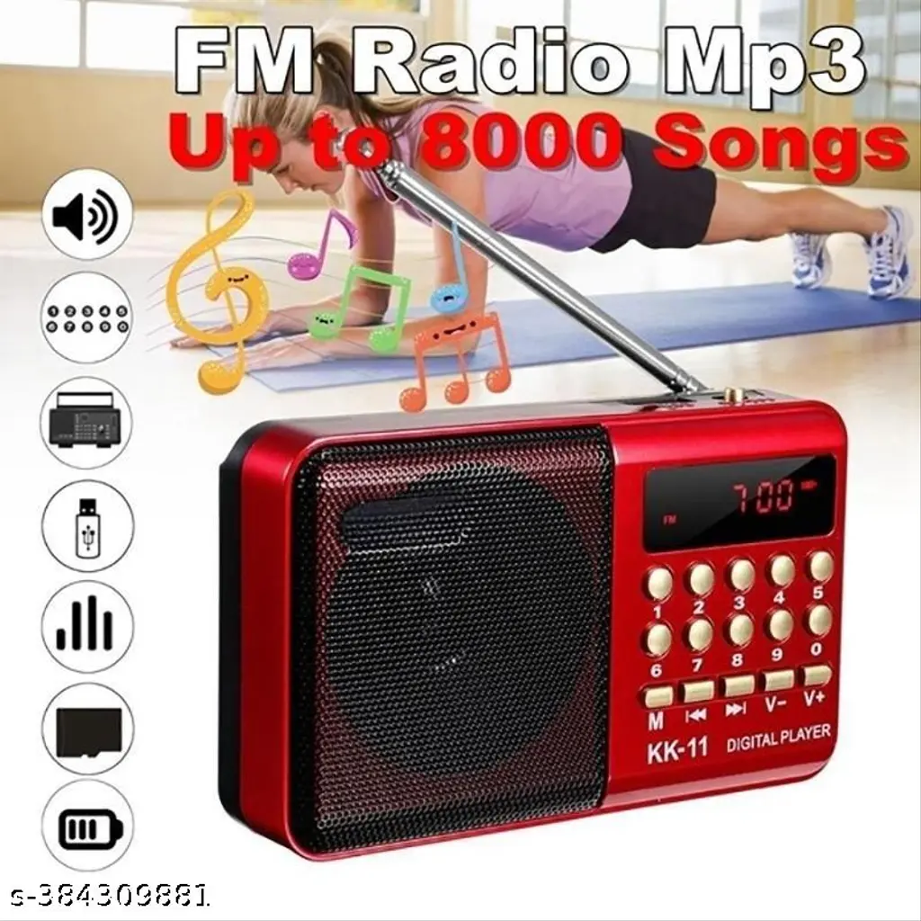 Pocket FM Radio Portable Multimedia Speaker With Powerful Torch USB AUX And SD Card Input 12 Hours Playback Digital Clock External FM Antenna (Red)