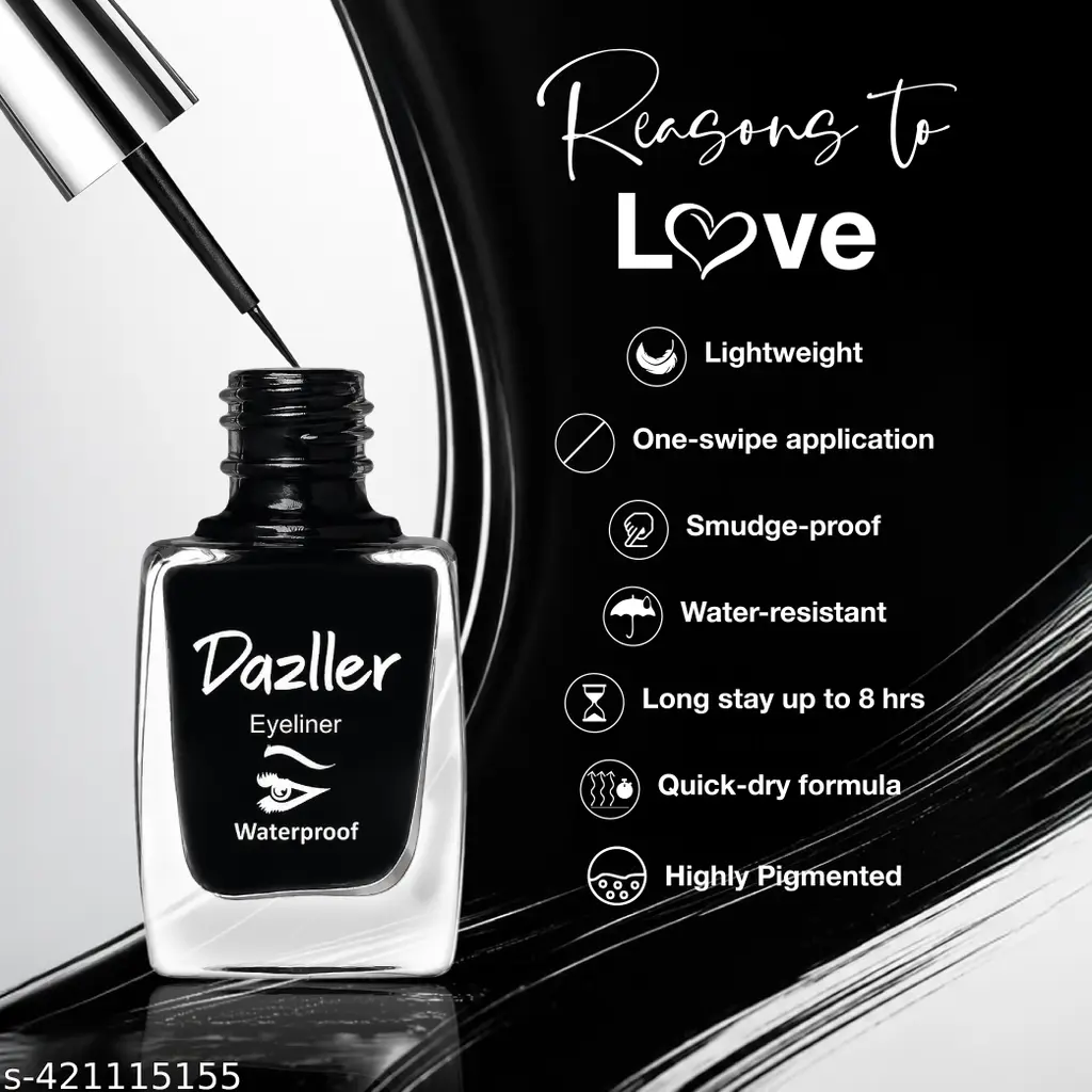 Dazller Liquid Eyeliner | Waterproof | Precise Application | Smudge-proof | Vibrant Matte | Long Stay | Quick Dry | Black | 9.5ml