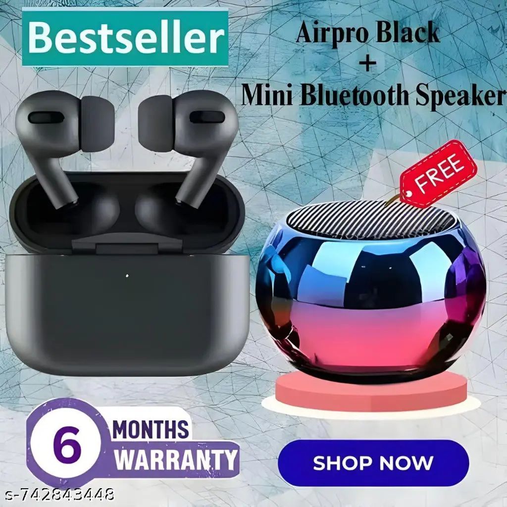 AIRPOD PRO Airpro True Wireless Bluetooth Earphones with 30 Hours Playtime & Compatible for all Smartphones (Black) + Mini Bluetooth Speaker Any Random Colour - COMBO